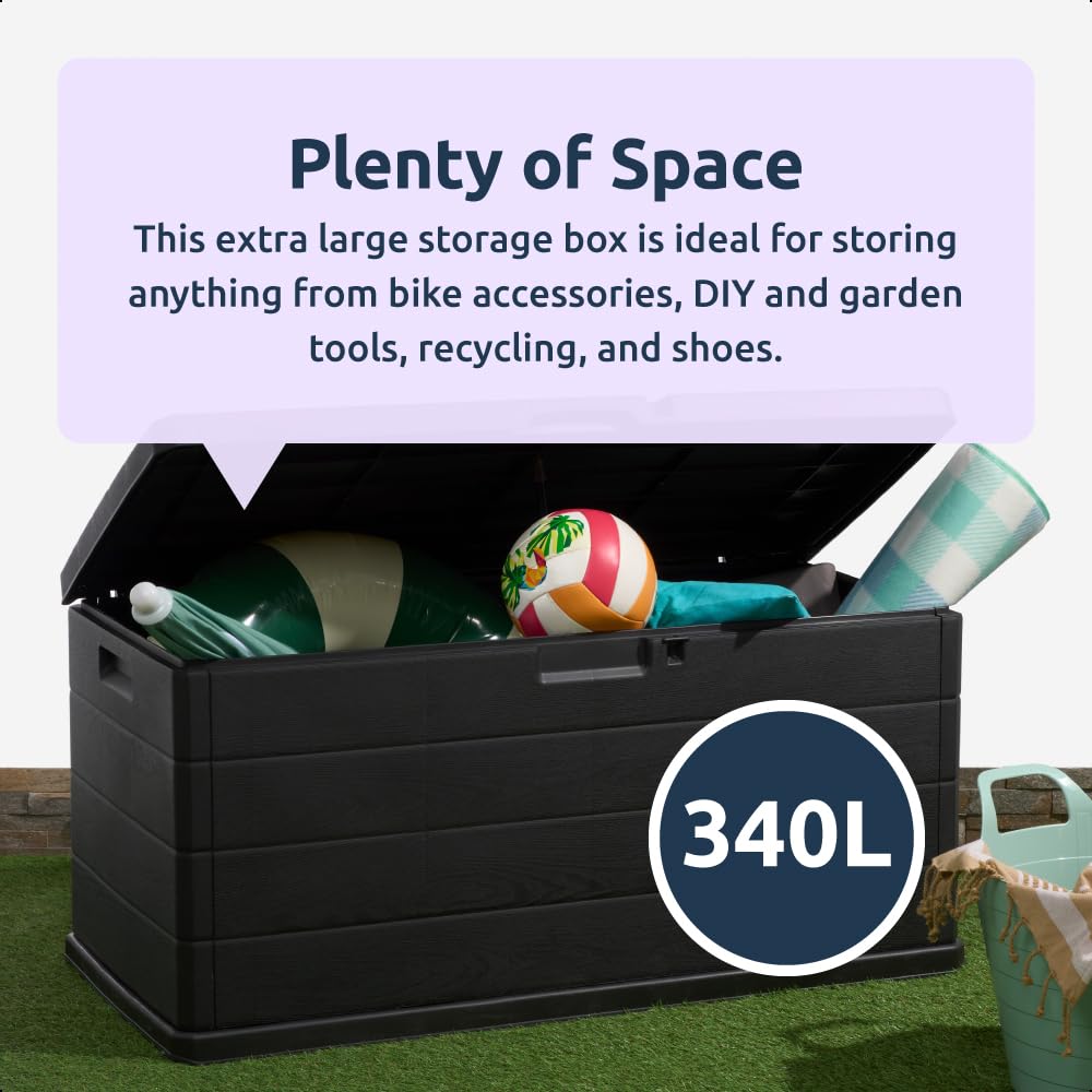 idooka Large Garden Storage Box with Lid 340L - Water Resistant Plastic Lockable - Furniture Cushions/Wellies/Logs/Coal/Garden Tool Grey Deck Box/Garage