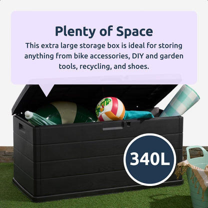 idooka Large Garden Storage Box with Lid 340L - Water Resistant Plastic Lockable - Furniture Cushions/Wellies/Logs/Coal/Garden Tool Grey Deck Box/Garage