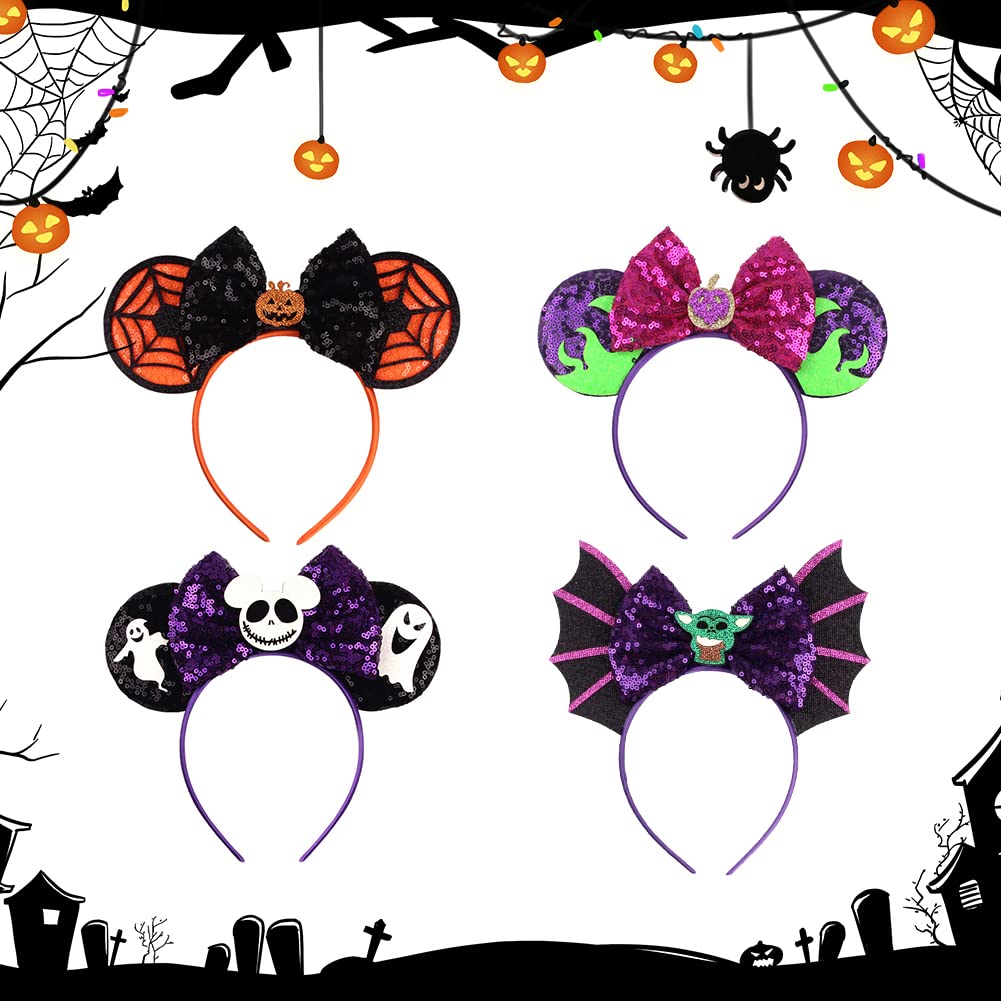 Tarocynn 4 PCS Halloween Mouse Ears Headbands Halloween Sequin Pumpkin Bows Ghost Headbands for Cosplay Party Favors