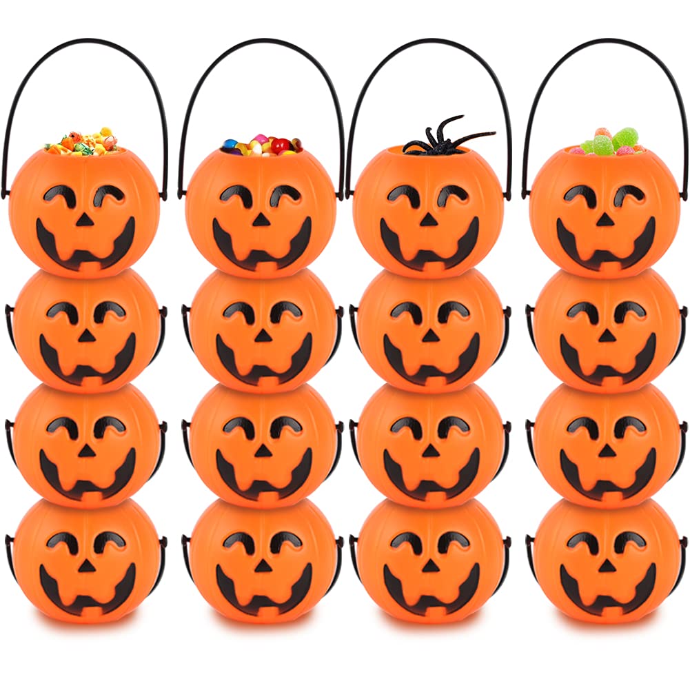 MCPINKY Mini Halloween Portable Pumpkin Bucket, 16PCS 2.5 inches Small Halloween Pumpkin Candy Buckets Children Trick or Treat Bags for Halloween Party Favor