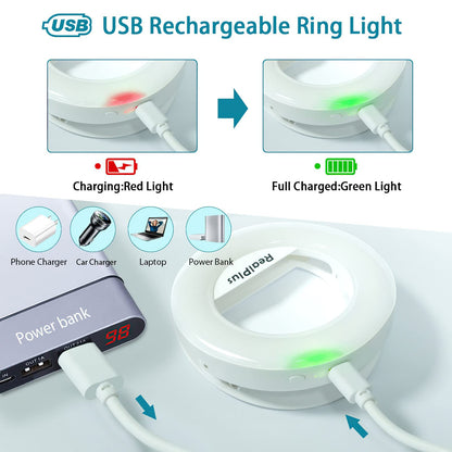 RealPlus Clip-on Selfie Ring Light [Rechargeable] with 40 LEDs and 3 Light Modes, Dimmable for Phone, Tablet, Laptop, Zoom Meeting, Makeup, Video