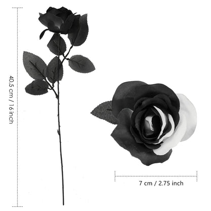 TUZAZO 10pcs Black and White Roses Artificial Flowers with Stems, Faux Silk Flowers Bridal Gothic Wedding Bouquet, Realistic Blossom Flora for Home, Office, Hotel Decorations