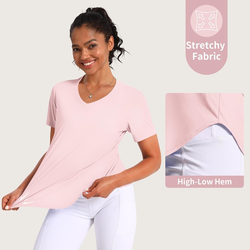 CHALLMOTI Women's Short Sleeve Workout Tops Athletic Shirts V Neck Sun Shirts UPF 50+ Quick Dry Quick Dry Pink L