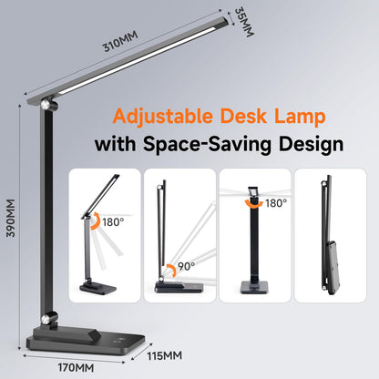 One Fire LED Desk Lamp,15 Modes Desk Light,500 Lumen Dimmable Desk Lamps, Adjustable Office Black Desk Lamps for Study Lamp, for Bedside Table