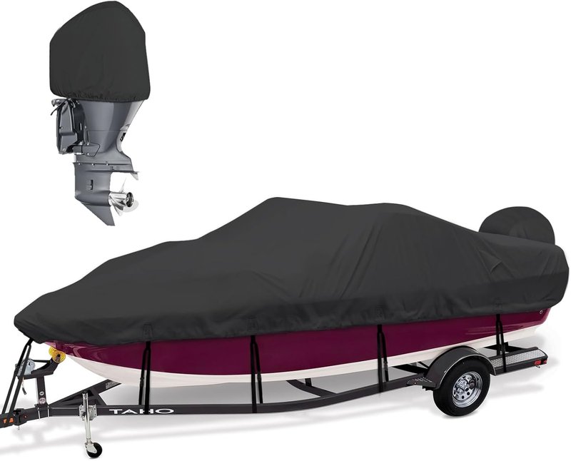 Bass Boat Covers | 600D Heavy Duty Waterproof Cover for 17-19ft V-Hull & Fishing Boats - Includes Motor Cover