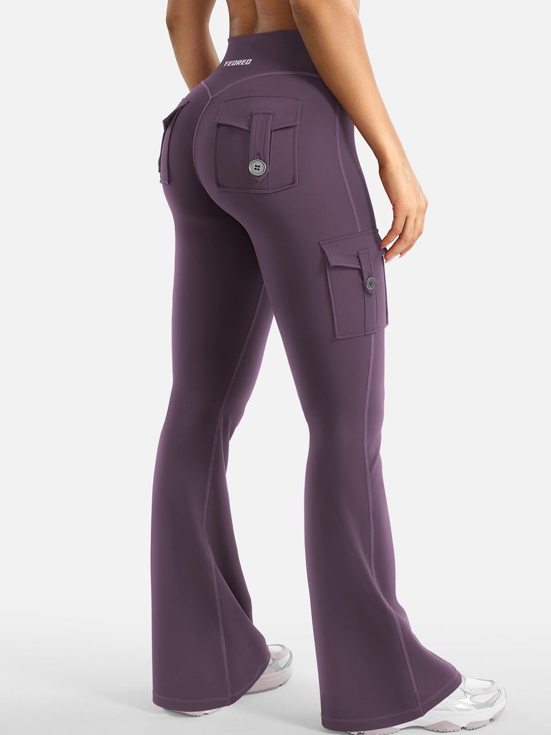 YEOREO CoreFlex Women Workout Flare Leggings with Pockets Hidden Scrunch Cargo Gym Yoga No Front Seam Leggings Black Berry Purple XXL