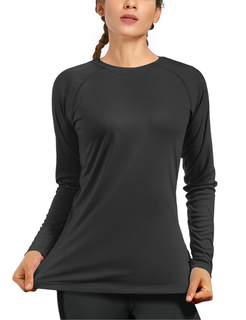 isnowood Swim Shirts for Women, UPF 50+ UV Sun Protection Long Sleeve Shirt, Lightweight Quick Dry Workout Hiking Running Rash Guard Top Black