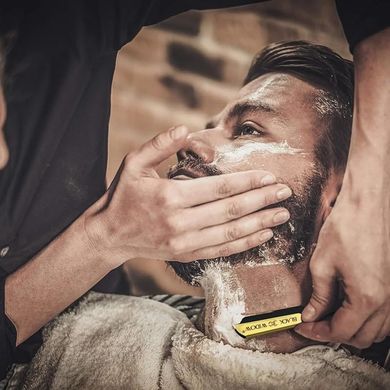 Black Widow Razor, Professional Straight Razor for Men, Safety with 10 Pack Blades (1.5mm Exposure) (Gold)