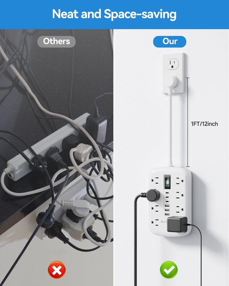 Short Extension Cord 1 ft, Small Power Strip Flat Outlet Extender Surge Protector with 8 AC Outlets 6 USB (5V/4.8A 24W), Mini Extension Cord Flat Wall Plug for Home Office Dorm Kitchen Bathroom