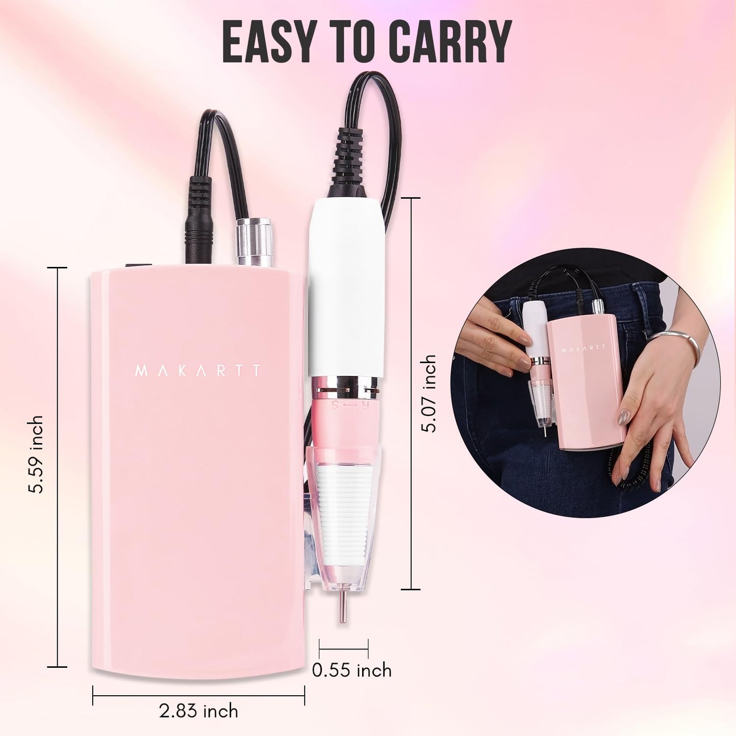 Makartt Nail Drill Professional: 60W 35000RPM Electric Nail File with Coreless Motor, 2 in 1 Desktop & Portable, Drill Bits and LCD Display for Acrylic Gel Nails, Nouvella Pink