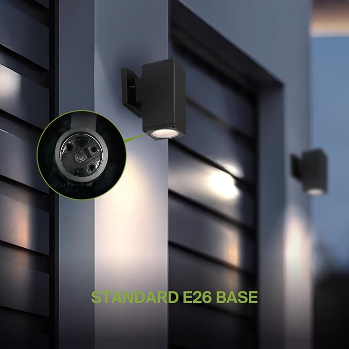 ASD 1 Light Square Dusk to Dawn Outdoor Wall Light Fixture | 60W E26 Socket 120V ETL Cylinder Up Down Lights | LED/CFL/Incandescent Bulb Exterior Wall Sconce | Front Door, Porch, Patio | Black, 6 Pack