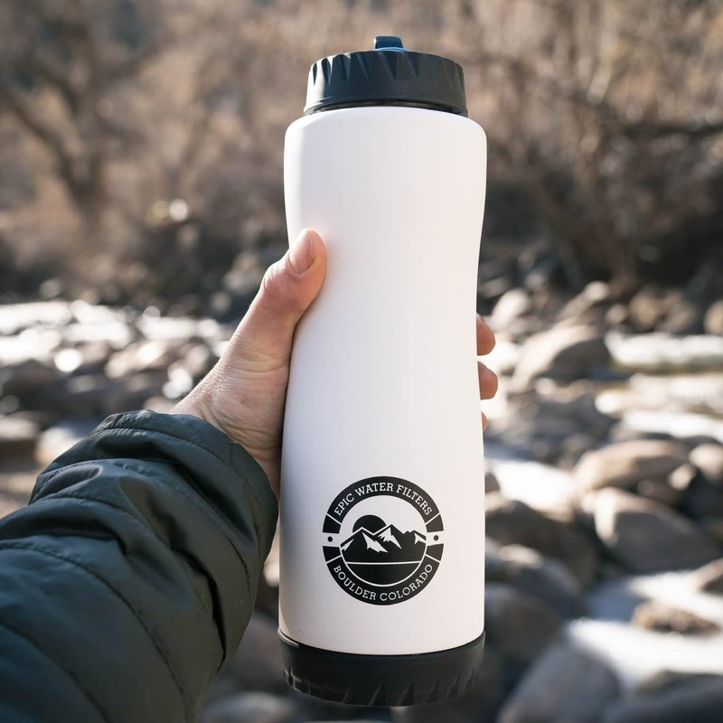 Epic Water Filters Vostok Stainless Steel Insulated Water Bottle and 75 Gallon Filter - Removes 99.99% of Water Impurities, 34oz,