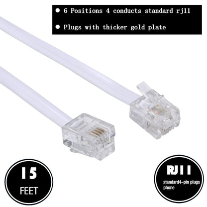 Ubramac 15 Feet Long Telephone Extension Cord Phone Cable Line Wire, with Standard RJ11 Plug and 1 in-Line Couplers and 15 Cable Clip Holders-White