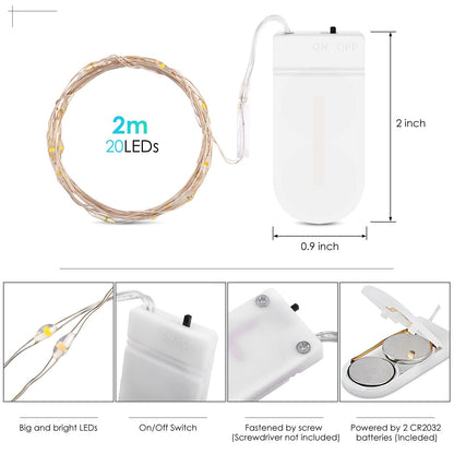 BROTOU LED String Lights, 2M 20 LED Battery Operated Fairy Lights, Waterproof Silver Plated Copper Wire Lights for in/Outdoor Decor, Christmas, Halloween, Valentine, Birthday (Warm White, 15 Pack)