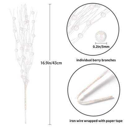 Losris Christmas Artificial Glitter Berry Stem Decorations Decorative Bead Sticks Xmas Picks Glittery Twigs Branches for Christmas Tree Wreath Gift Vase Decor Party Ornaments White 24 PCS
