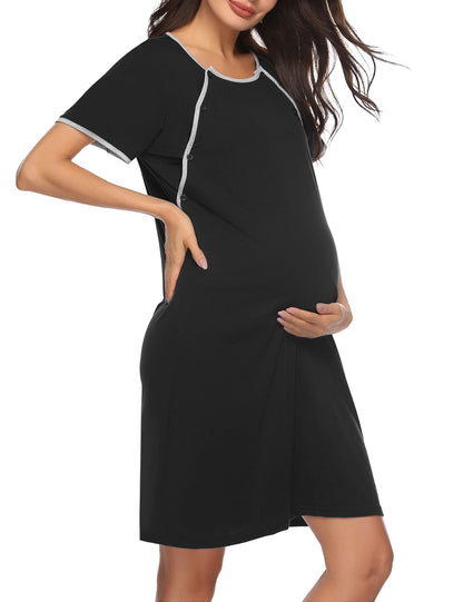 Sykooria Women's Maternity Nightdress Breastfeeding Nightwear Short Sleeve Nursing Nightgown Button Down Sleep Shirt V Neck Pajama Tops Soft Loungwear For Pregnant Women(Black,M)