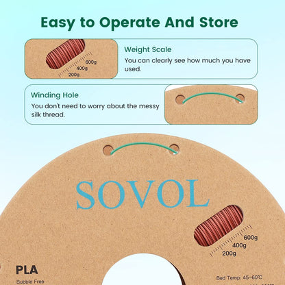 Sovol PLA Filament Silk Tri Color Co-Extrusion 1.75mm, 3D Printer Filament 1kg/ 2.2lbs, Shiny Silk Bronze Purple Green 3 in 1 Coextrusion PLA Material +/-0.03mm