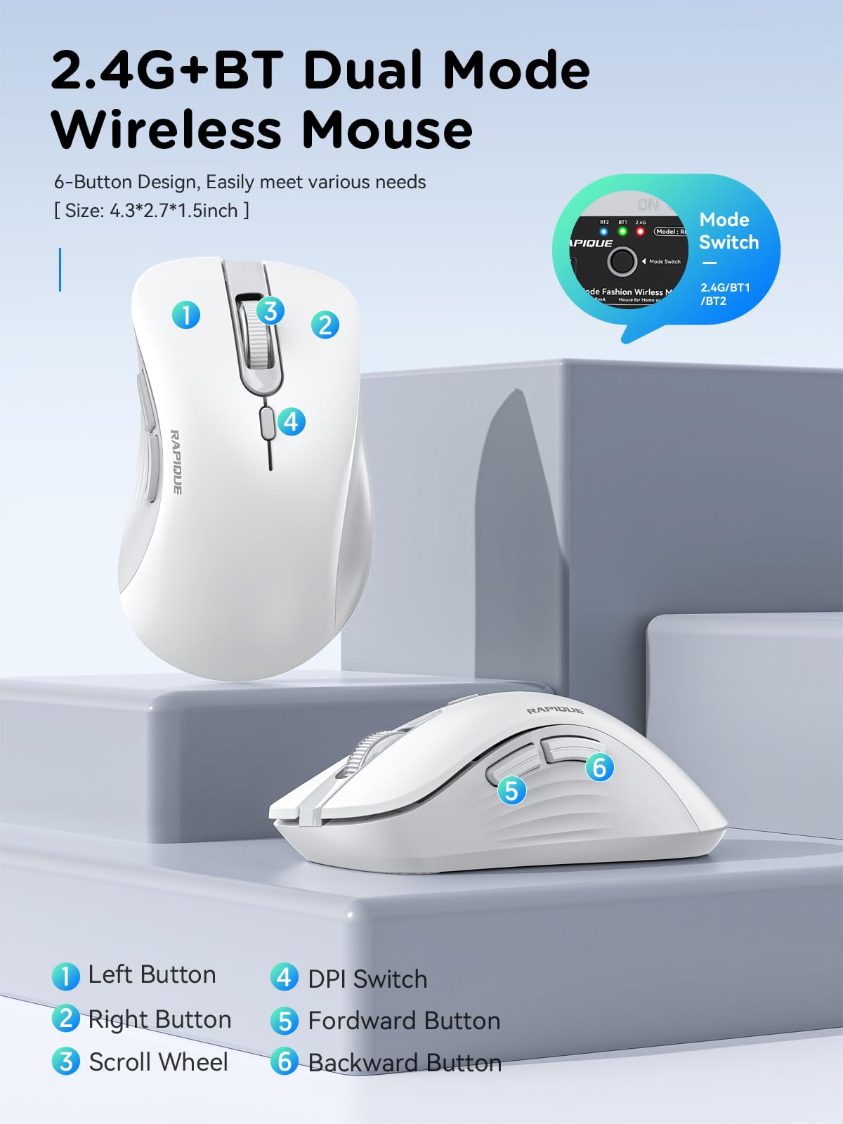 RAPIQUE Bluetooth Wireless Mouse - Dual Bluetooth & 2.4 GHz USB Receiver, Ergonomic Design, Quiet Clicks, Low Power - Multi-Device Compatibility for MacBook, Laptop, Computer, iPad Air/Pro (Pink)