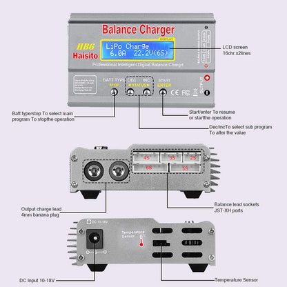 Haisito Lipo Charger, 80W 6A Balance Charger for LiPo Li-ion LiFe NiCd NiMh Pb, Multi-functional Intelligent Charger, RC Hobby Battery Balance Charger LED W/AC Power Adapter