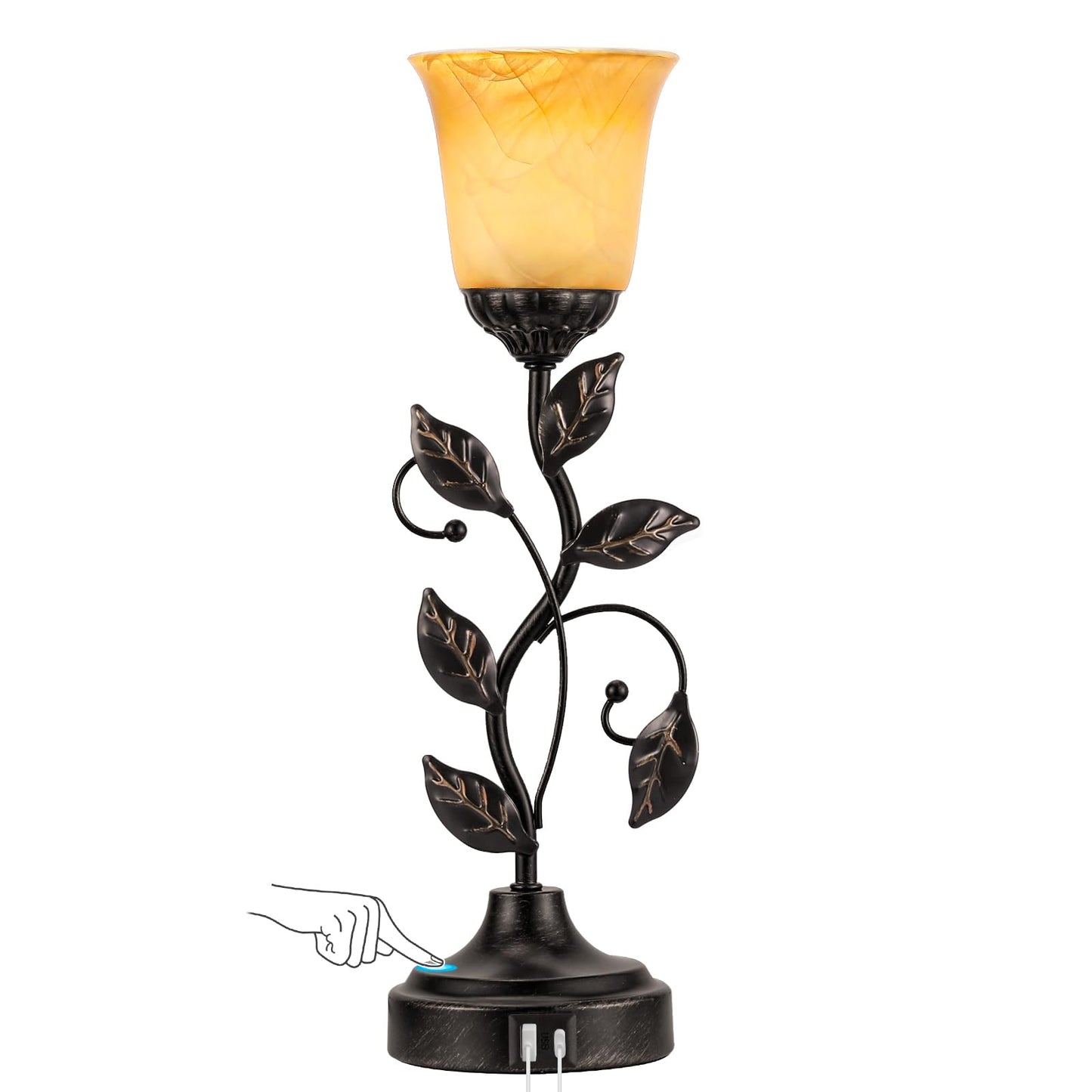 Kakanuo Touch Table Lamp Bedside Lamp Nightst Lamp USB Charging Ports for Living Room 3 Way Dimmable Traditional Leaf Lamp Retro Table Lamp for Bedroom Amber Glass Lampshade LED Bulb Included)