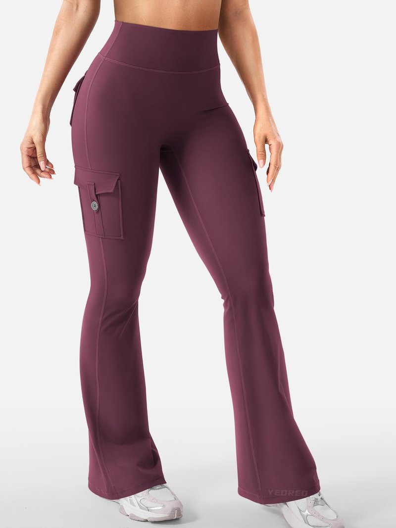 YEOREO CoreFlex Women Workout Flare Leggings with Pockets Hidden Scrunch Cargo Gym Yoga No Front Seam Leggings Black Cherry L