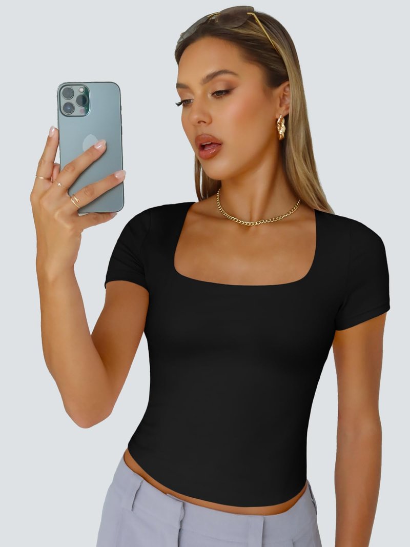 Trendy Queen Double Lined Short Sleeve Tshirts for Women Square Neck Cute Crop Top Spring Summer Basic Tees Workout Going Out Black M