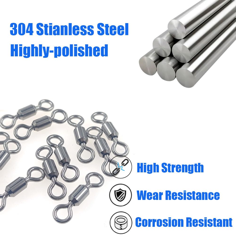 100 Pcs Fishing Swivels Saltwater, 100% 304 Stainless Steel Power Swivel Corrosion Resistance Barrel Swivels High Strength Freshwater Fishing Line Lure Leader Connectors (8# 0.39" / 80LB)