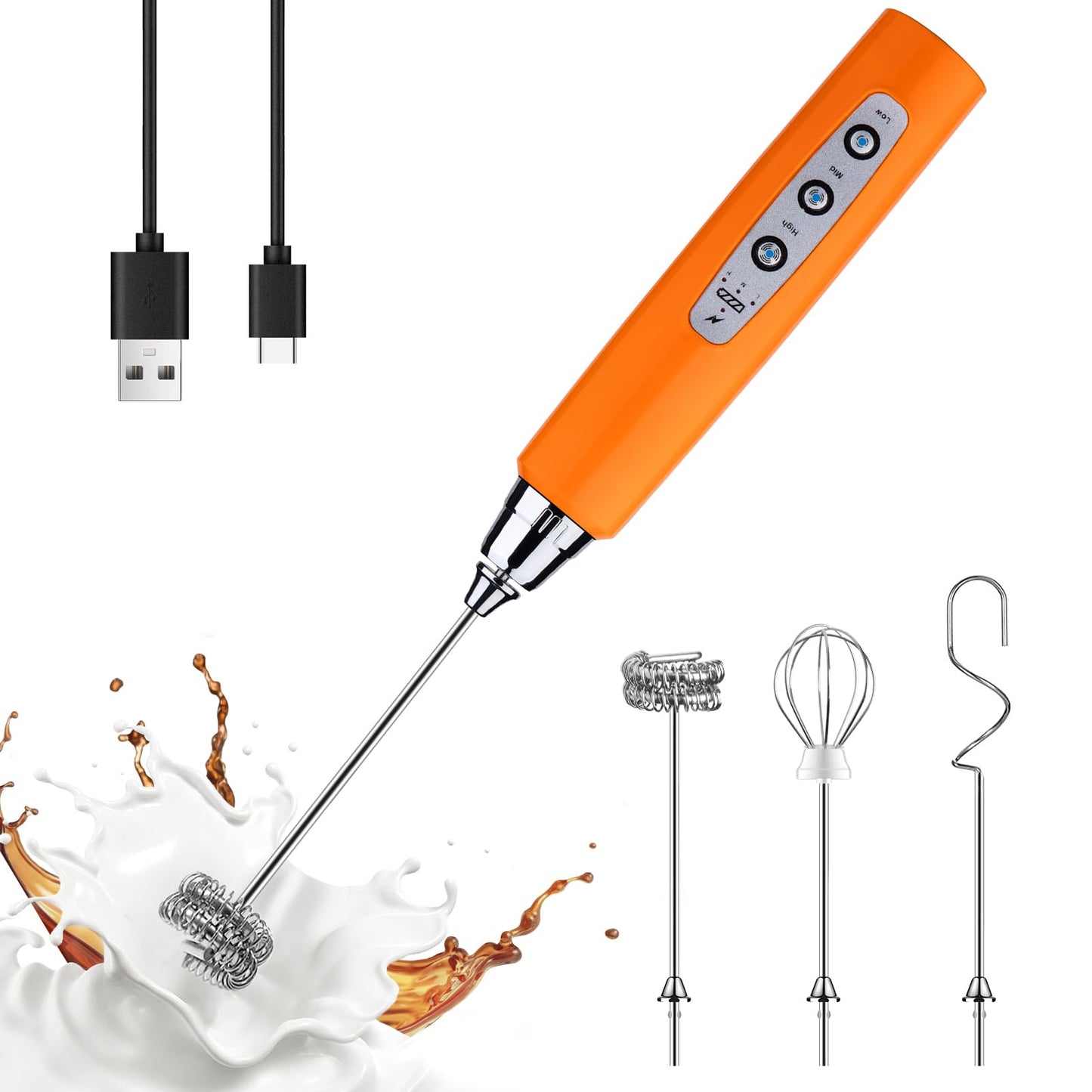 YUSWKO Black Handheld Milk Frother Wand for Coffee, Rechargeable Electric Whisk with 3 Heads 3 Speeds Drink Mixer Coffee Frother For Latte, Cappuccino, Hot Chocolate, Egg