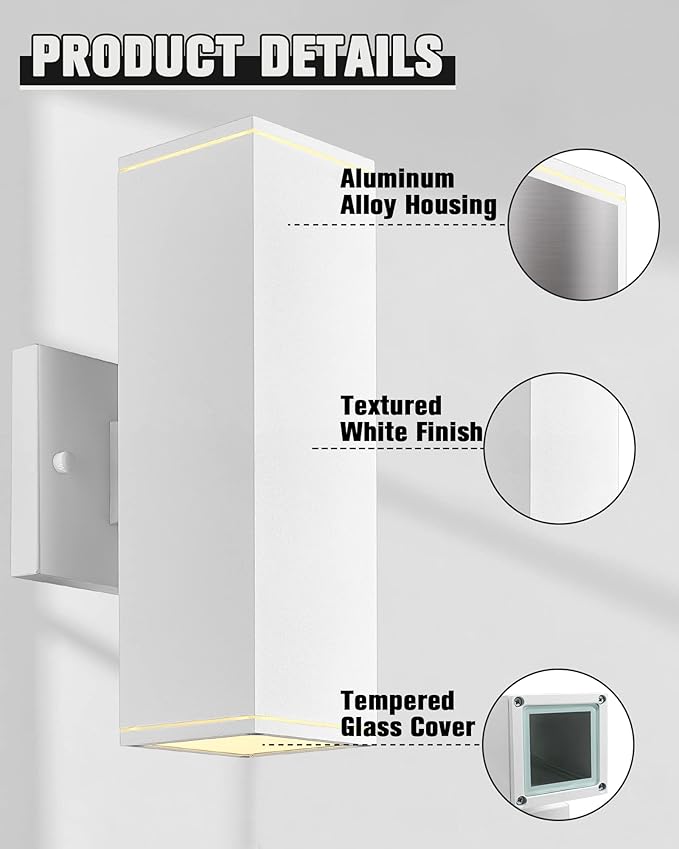 Ken & Ricky Outdoor Wall Sconces, Modern Up and Down Outdoor Light Fixture, Square Exterior Light Fixture with Sanded White Finish - 1 Pack