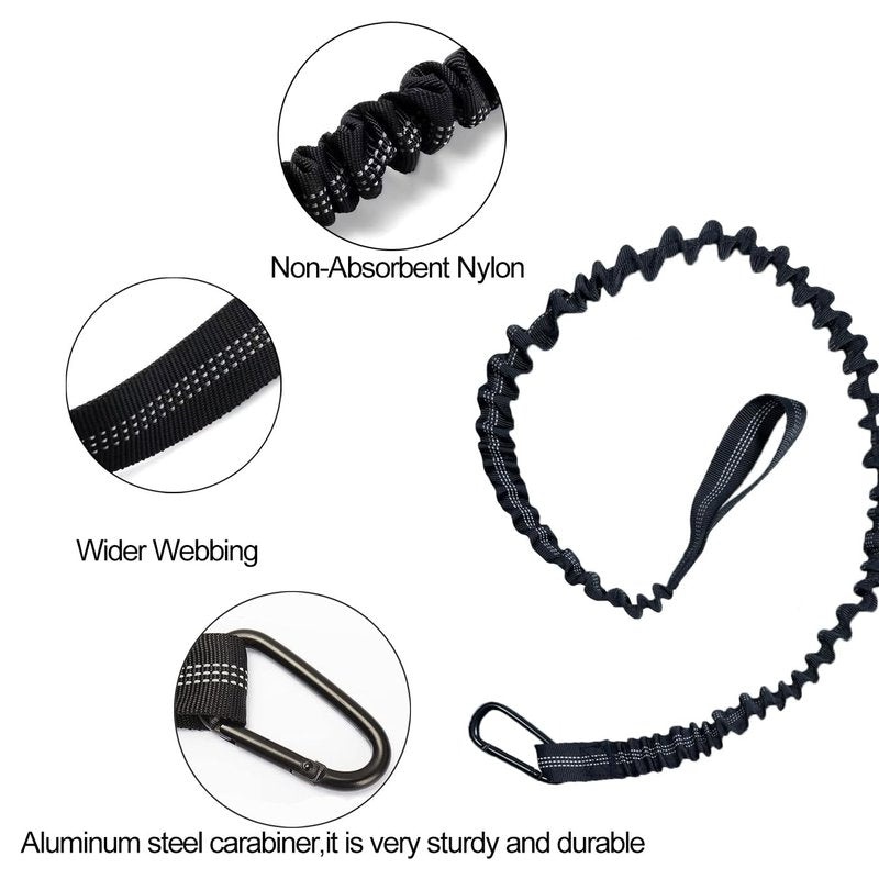 Lvsnro Paddle Leash Kayak Paddle Holder Tool Lanyard - 2 Pack Stretchable Paddle Strap with Carabiner Secure Leash Lanyard Rope for SUP Kayak Canoe Paddle Fishing Pole Rod (Black-2pcs)