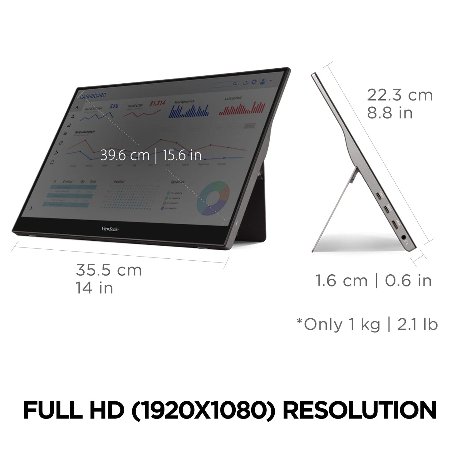 ViewSonic VA1653 16 Inch 1080p FHD IPS Portable Monitor with Eye Care, Built-in Stand, USB C, Mini HDMI, and Protective Case External Second Screen for Laptops, PC, Mac, and Gaming Consoles