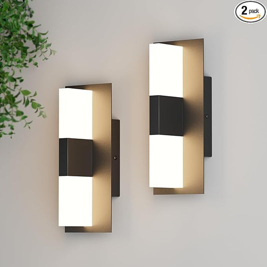 12.4 inches Modern Outdoor Led Wall Light,30W 3000K Porch & Patio Hardwired Wall Sconces with White Clear Acyrlic Lampshade,IP65 Waterproof Exterior Wall Lamp for Garage Garden(Black,2Pack)
