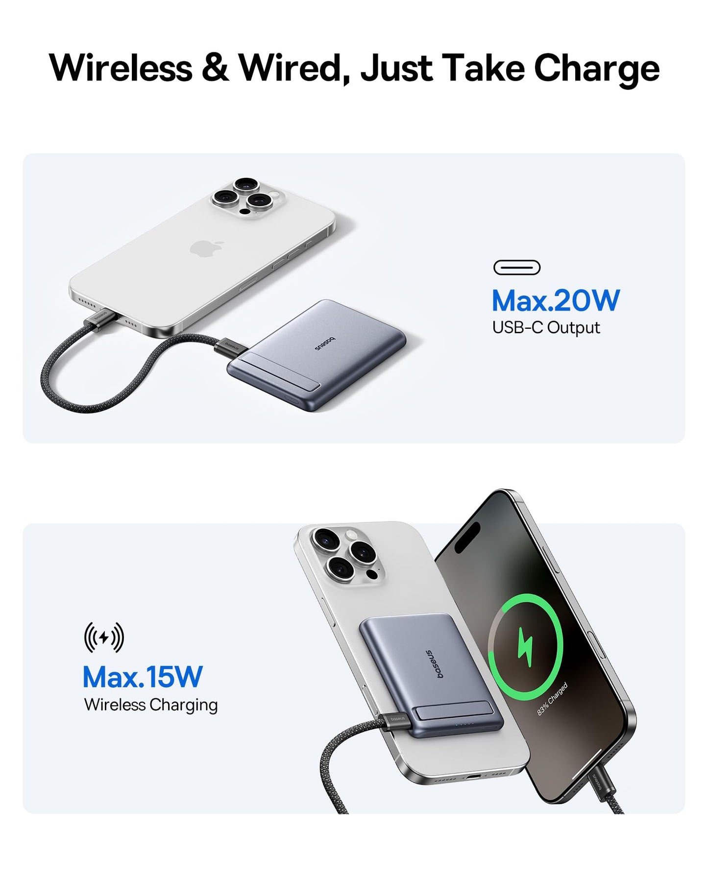 Baseus Picogo Power Bank, Smallest 5000mAh Magnetic Portable Charger with Stand, Qi2 Certified 15W Ultra-Mini MagSafe Battery Pack, Alloy Wireless Travel Fast Charger for iPhone 17/16 Series(Grey)