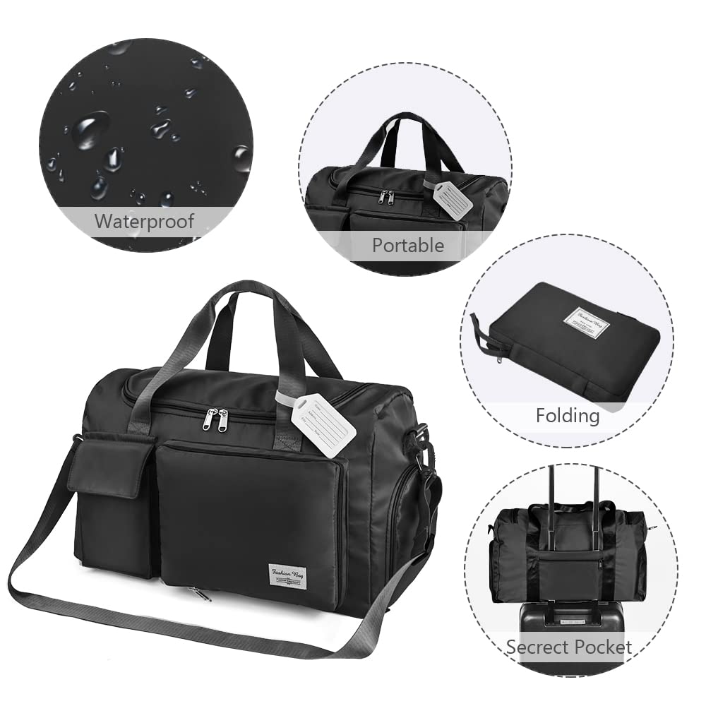 Lightweight Travel Gym Duffel - Foldable Overnight Holdall Bag for Women with Wet/Dry Separation - Cabin Bag for Sports & Travel - Black