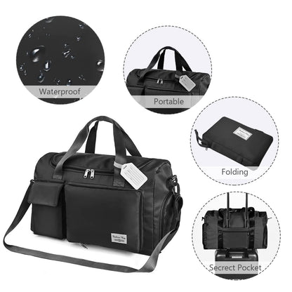 Lightweight Travel Gym Duffel - Foldable Overnight Holdall Bag for Women with Wet/Dry Separation - Cabin Bag for Sports & Travel - Black