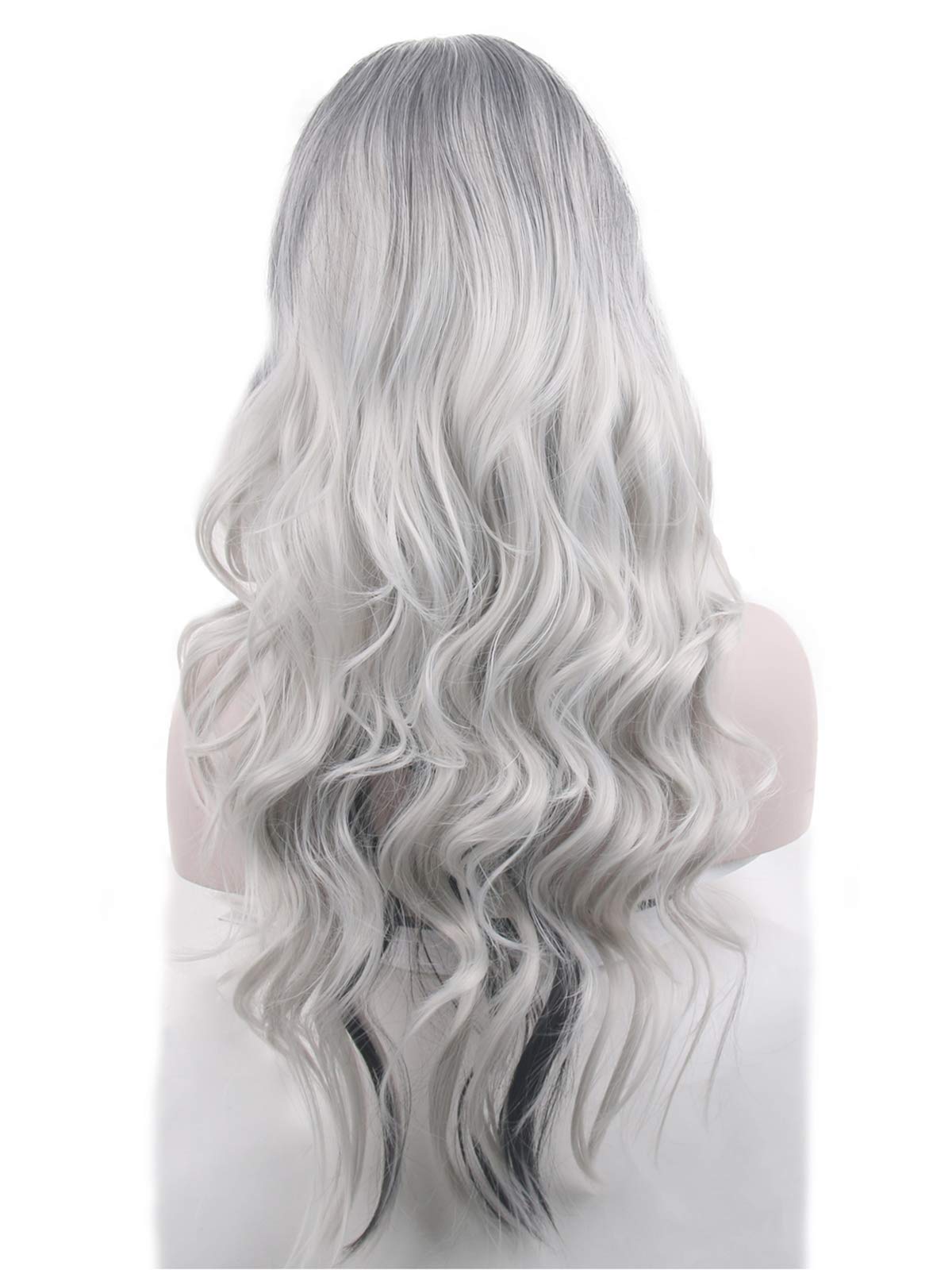 Beautyself Silver Grey Costume Wigs for Women Halloween Curly Long Wavy Fashion Cosplay Ombre Black Mix Gray Hair Wigs with Wig Cap