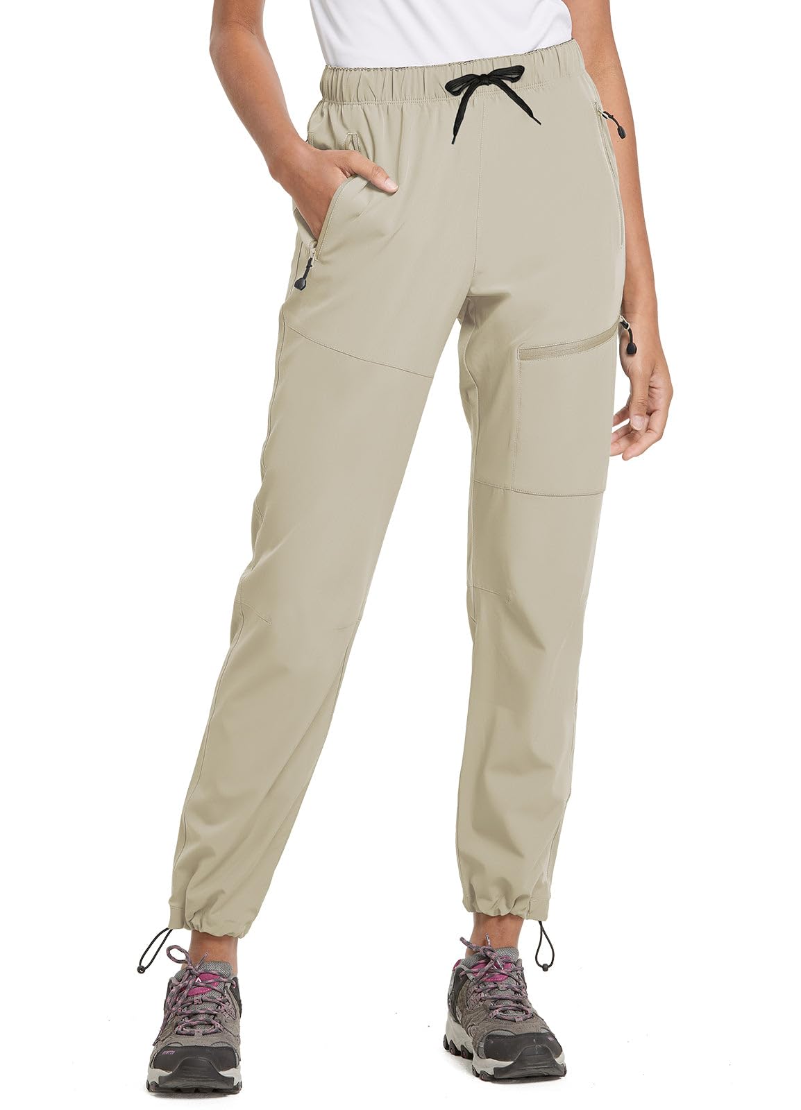 baleaf Cargo Pants for Women Petite Joggers Lightweight Quick Dry Pant Water Resistant 27'' Travel Workout Athletic Suntan Size L