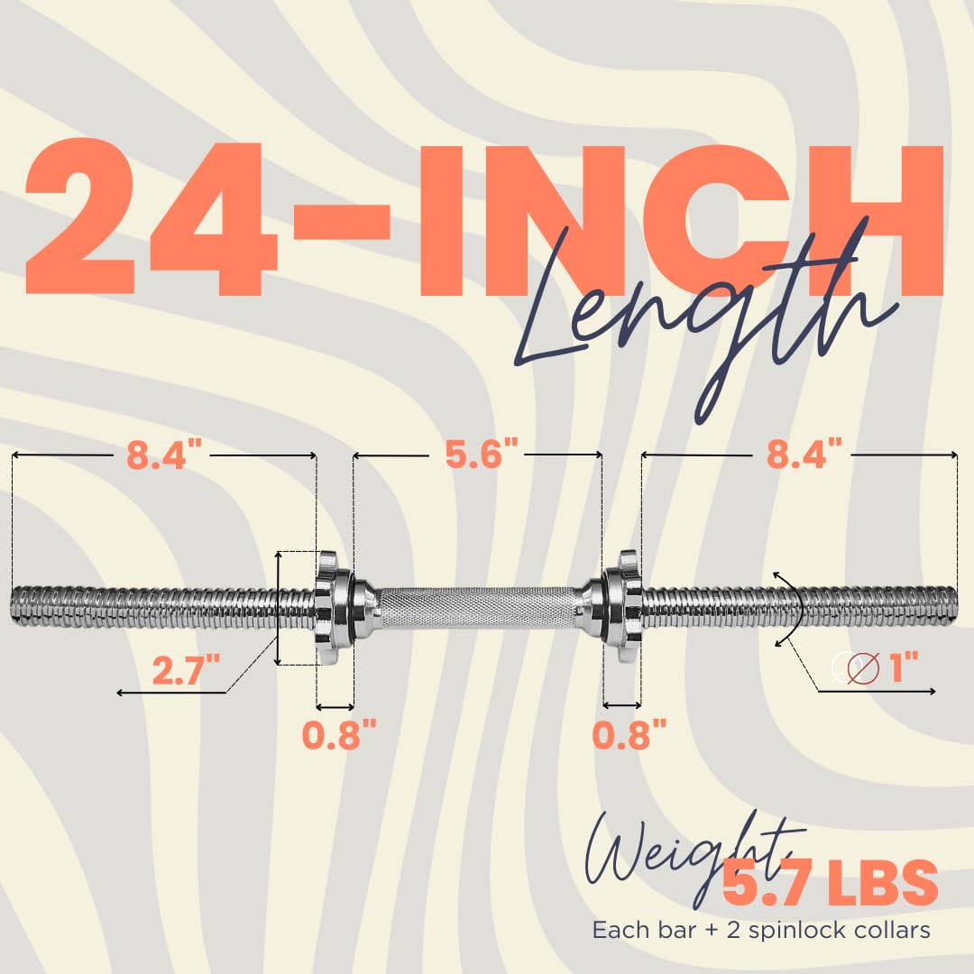 A2ZCARE Standard Dumbbell Handles 24 inch Chrome Grip, Adjustable Dumbbells Handles 1 inch Pair