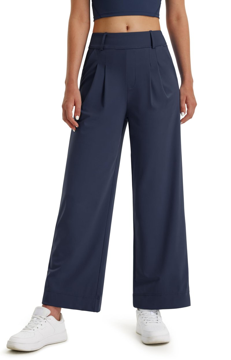 Libin Women's Wide Leg Work Pants 29" High Waisted Stretch Dress Casual Sweatpants Business Office Pants Trousers with Pockets,Navy Blue,Medium