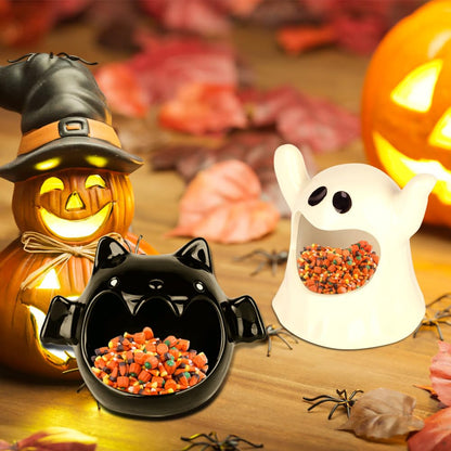 DIYDEC 2pcs Halloween Candy Bowls, Halloween Candy Dish Candle Holder Bat Ghost Ceramic Dish for Tiered Tray Ornament Tableware Party Decor