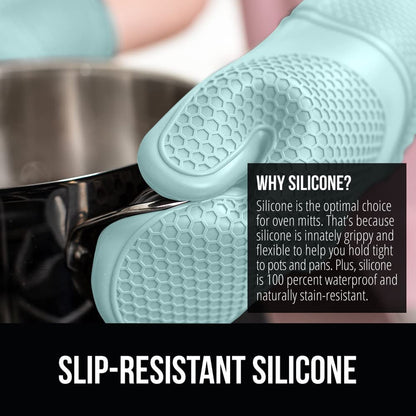 GORILLA GRIP BPA-Free Soft Silicone Oven Mitts and Pot Holders Sets, Heat Resistant Waterproof Cooking Gloves, Thick Cotton Lining, Flexible Gripping for Baking Grilling, Kitchen Trivets, Turquoise