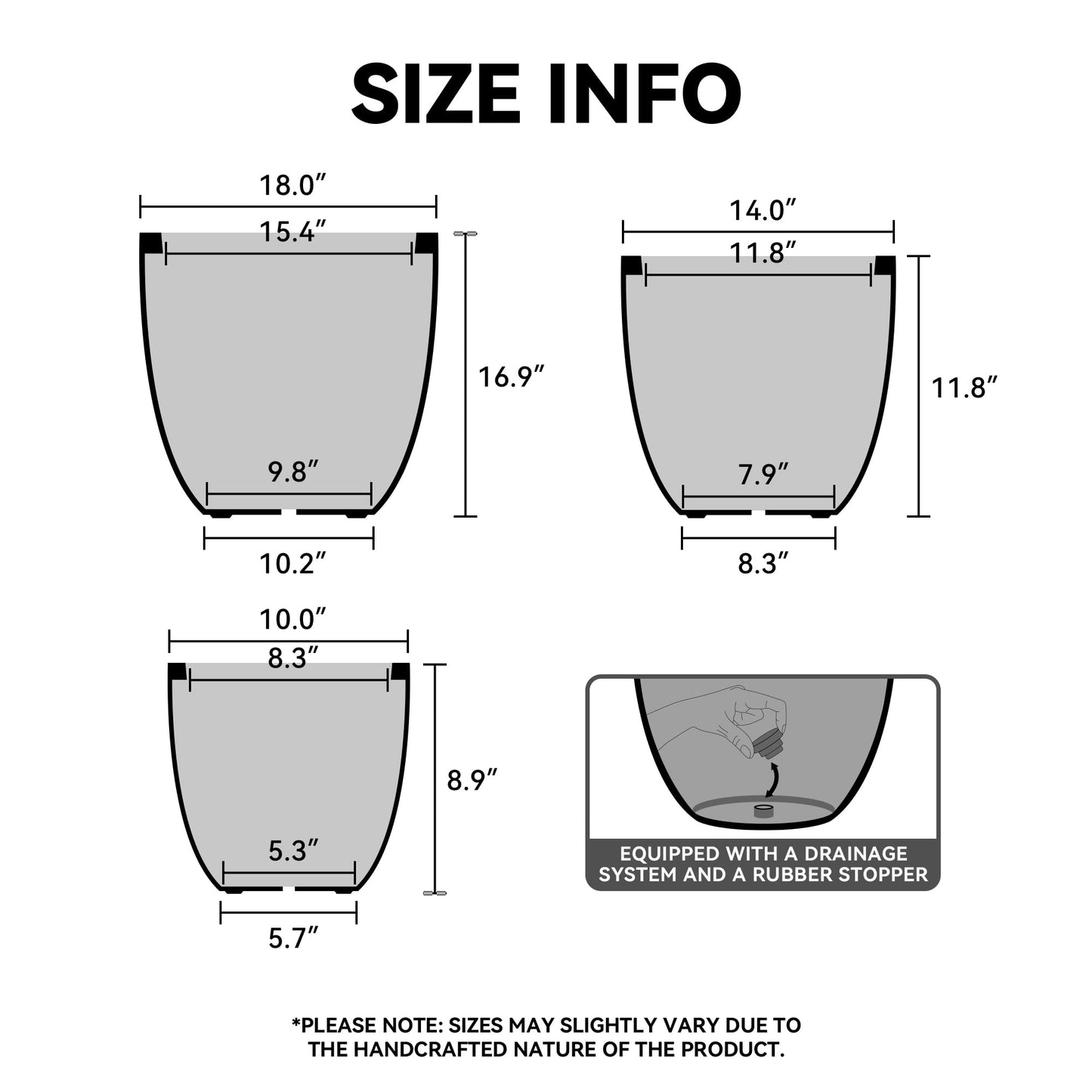 Kante Round Concrete Planter Set of 3, Large Outdoor Indoor Plant Pots with Drainage Hole, 10/14/18-Inch Diameter Flower Pots for Patio, Garden and Home, Gray