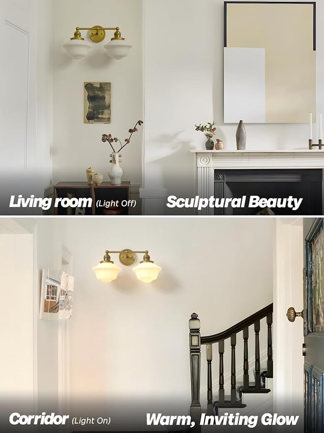 Vintage 2-Lights Wall Sconce Lights Brass Gold Bathroom Vanity Light with Milk Glass Double Sconce Wall Mounted Lamp for Bedroom Living Room Bathroom Mirror Kitchen Hallway Hardwire