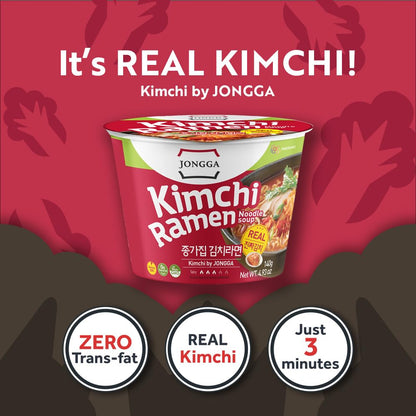 JONGGA Kimchi Ramen with Real Kimchi 4.9 oz Pack of 6, Korean Instant Hot and Spicy Noodle Soup, Authentic Savory Ramen Bowl, Quick and Convenient