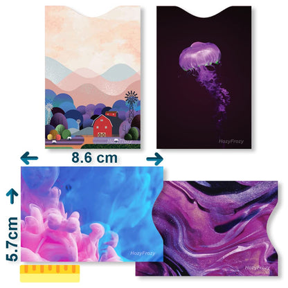 8 RFID Blocking Sleeves, Unique Designs and Arts in Purple, Anti-Theft Credit Card Holder, Credit Card Protector, Easy to Recognize, Sturdy and Perfect size for cards