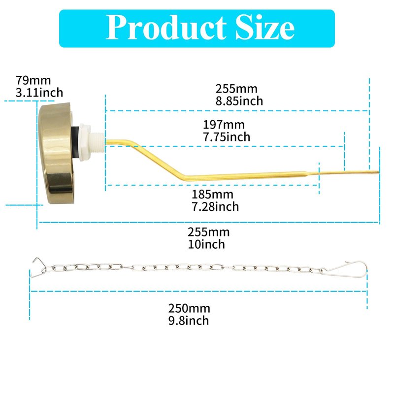 Lychee Light Toilet Cistern Side Flush Lever, Compatible with TOTO WC Flush Handle, Pure Copper Rod Body, Equipped with Hook-Style Chain for Toilet Flush Rod Replacement Part, 1 Piece (PVD Gold)