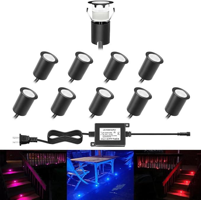 RNEHON LED Outdoor Deck Lights with Protecting Shell, Φ1.18in RGB 10 Pack, IP67 Waterproof Recessed Stair Step Landscape Lighting 12V Low Voltage for Yard Patio Floor Kitchen Decoration