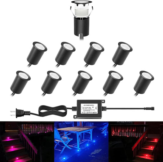RNEHON LED Outdoor Deck Lights with Protecting Shell, Φ1.18in RGB 10 Pack, IP67 Waterproof Recessed Stair Step Landscape Lighting 12V Low Voltage for Yard Patio Floor Kitchen Decoration