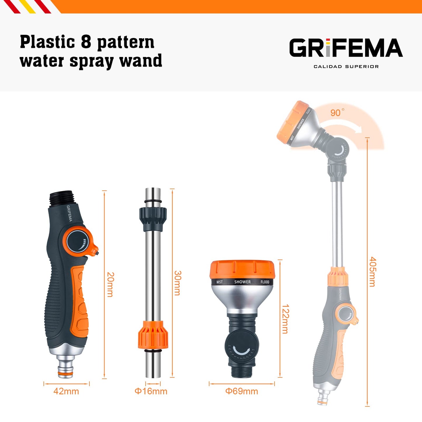 GRIFEMA GE1305 Watering Lance, Extended Hose Pipe Spray Gun with 8 Modes, Watering Wand for Hanging Basket Watering, Lawn Watering, Car Washing, Pet Bathing [Amazon Exclusive],Orange/Black