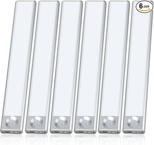 Under Cabinet Lighting, Rechargeable Battery Operated Motion Sensor Light Indoor with 3 Color Tempers Dimmable, Magnetic Closet Light, Wireless Under Counter Lights for Kitchen, Stairs, 6 Pack